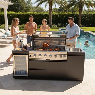 82'' 6-Burner 85K BTU Stainless Steel Gas Outdoor Kitchen  Island Barbecue Island