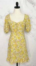 New Faithfull The Brand Mini Dress Poof Sleeve Yellow Floral Rose Sundress XL 12