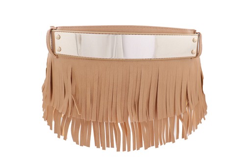 Women Beige Faux Leather Skirt Tie Fringes Punk Rocker Cool Belt Gold Metal S M - Picture 1 of 12