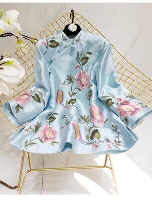 Chinese Style Retro Qipao Tops Women Stand Collar Floral Embroidery Casual Tops