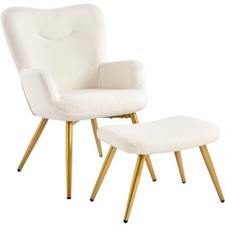 Set Poltrona da Salotto con Pouf Poggiapiedi in Tessuto Boucl�� per Lettura