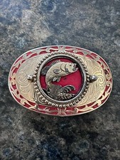 Vintage BASS Fishing Belt Buckle. Awesome Look Brass W/ Red Leather
