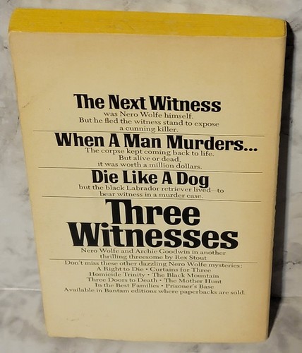 Nero Wolfe Three Witnesses by Rex Stout 1976 Printing Paperback - Imagen 2 de 3