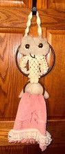 Vintage Macrame Owl Towel Holder With Pink Towel  Lace Trim