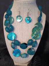 Turquoise Colored Shell-Like Double Strand Necklace and Matching Earrings