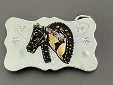 Western Silvertone Buckle Horse Cowboy Horseshoe Stars.