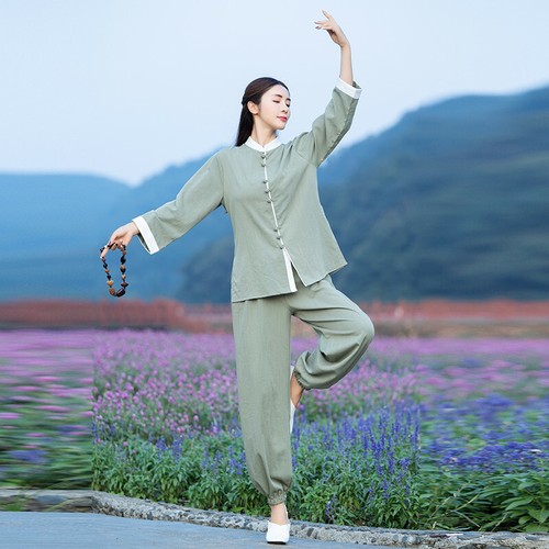 Women Retro Chinese Kung Fu Practicing Clothes Yoga Cotton Linen Top coat Pants - Picture 5 of 14