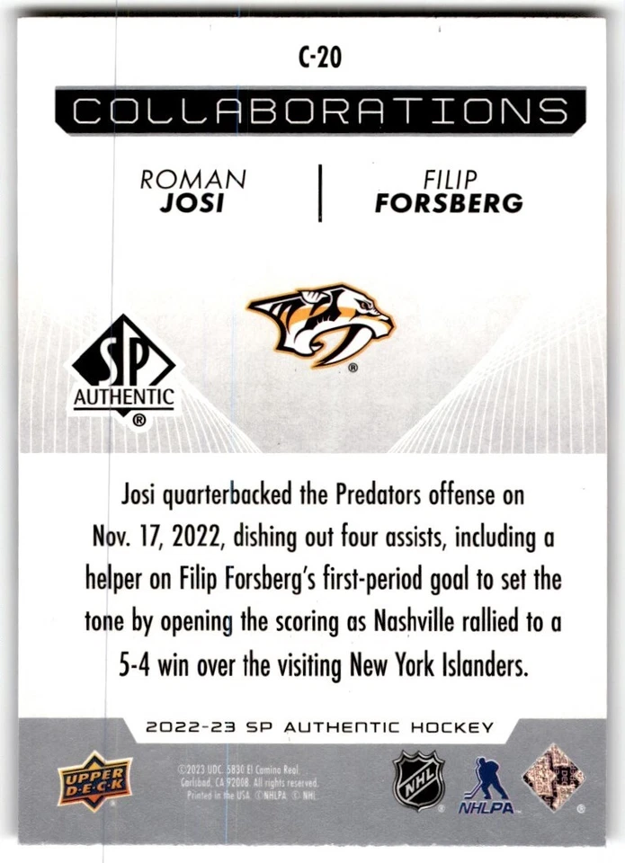 2022-23 SP Authentic Collaborations Roman Josi/Filip Forsberg #C-20 - Image 2 of 2