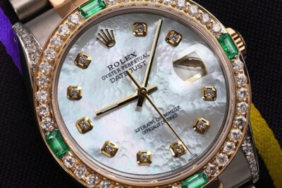 36 mm Rolex Datejust Diamond & Emerald Two Tone Watch White Mother Of Pearl Dial