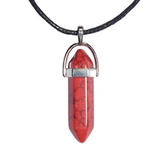 Red Hexagonal Chakra Stone Column Pendant On Black Waxed Cotton Cord Necklace