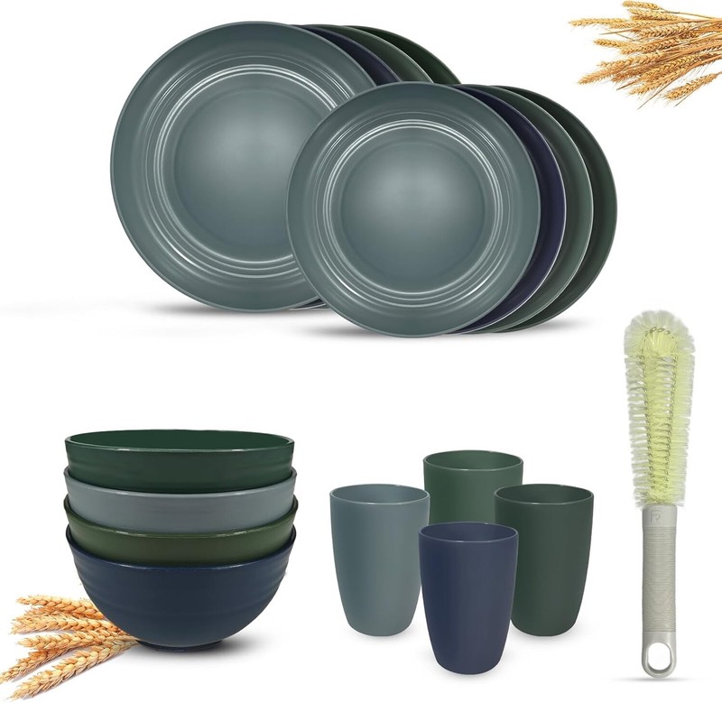 Kitchen Wheat Straw Dinnerware Sets (17pcs) Cleaning brush,Service For Four
