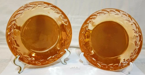2 VINTAGE ANCHOR HOCKING FIRE KING PEACH LUSTRE LAUREL LEAF 9” DINNER PLATES