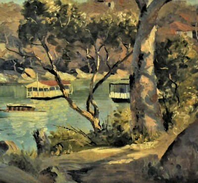 Leon W. Hanson (1918-AU-2011) TOP-Gemälde: HAUSBOOT AUF EINEM FLUSS