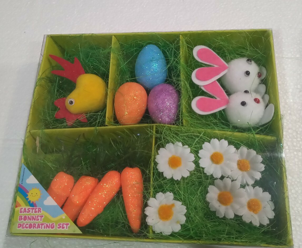 Easter Bonnet Decorating Set, hen, eggs, bunny's, carrots, flowers. Easter kit.