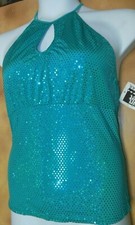 Crisscross Halter Camisole top foiled spandex Jade Green keyhole front ladies