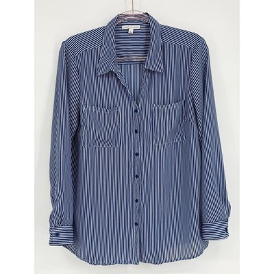 NOTATIONS Sz L Women's Blue White Stripe Collared Button Down Shirt Long Sleeve