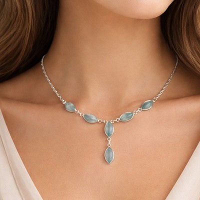Aquamarine Choker Chain Silver 925 Sterling Silver Modern Cabochon Necklace 9ts