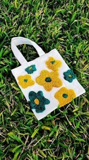 Handmade Punch Needle Mini Tote Bag, Embroidery All Over  Floral Design