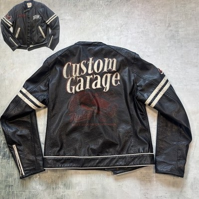 Vintage Replay Lederjacke L/XL Custom Garage Varsity Jacke Schwarz Hot Rod Print