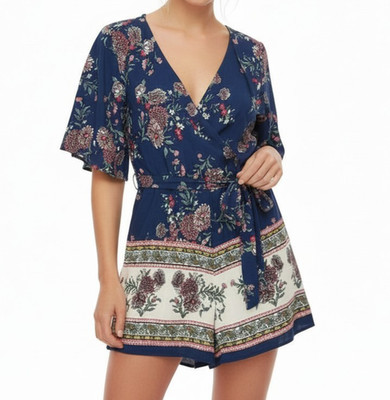 NEW Francesca's Trixxi Floral Romper Women Medium Blue Tie Short Sleeve