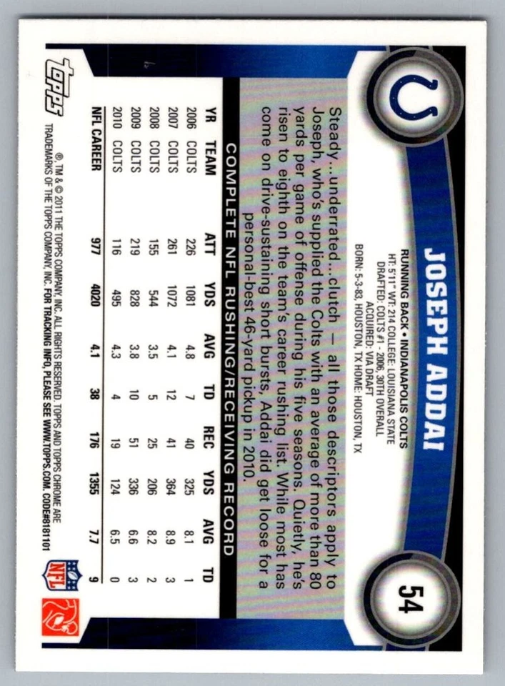 2011 Topps Chrome Joseph Addai Indianapolis Colts #54 - Image 2 of 2