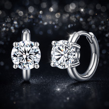 Moissanite Huggie Earrings Solitaire Diamond 2.0ct tw Platinum S925 Gift Hoops