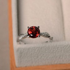 925 Sterling Silver Red Garnet Round Cut Gemstone Women Dainty Ring Duty Free