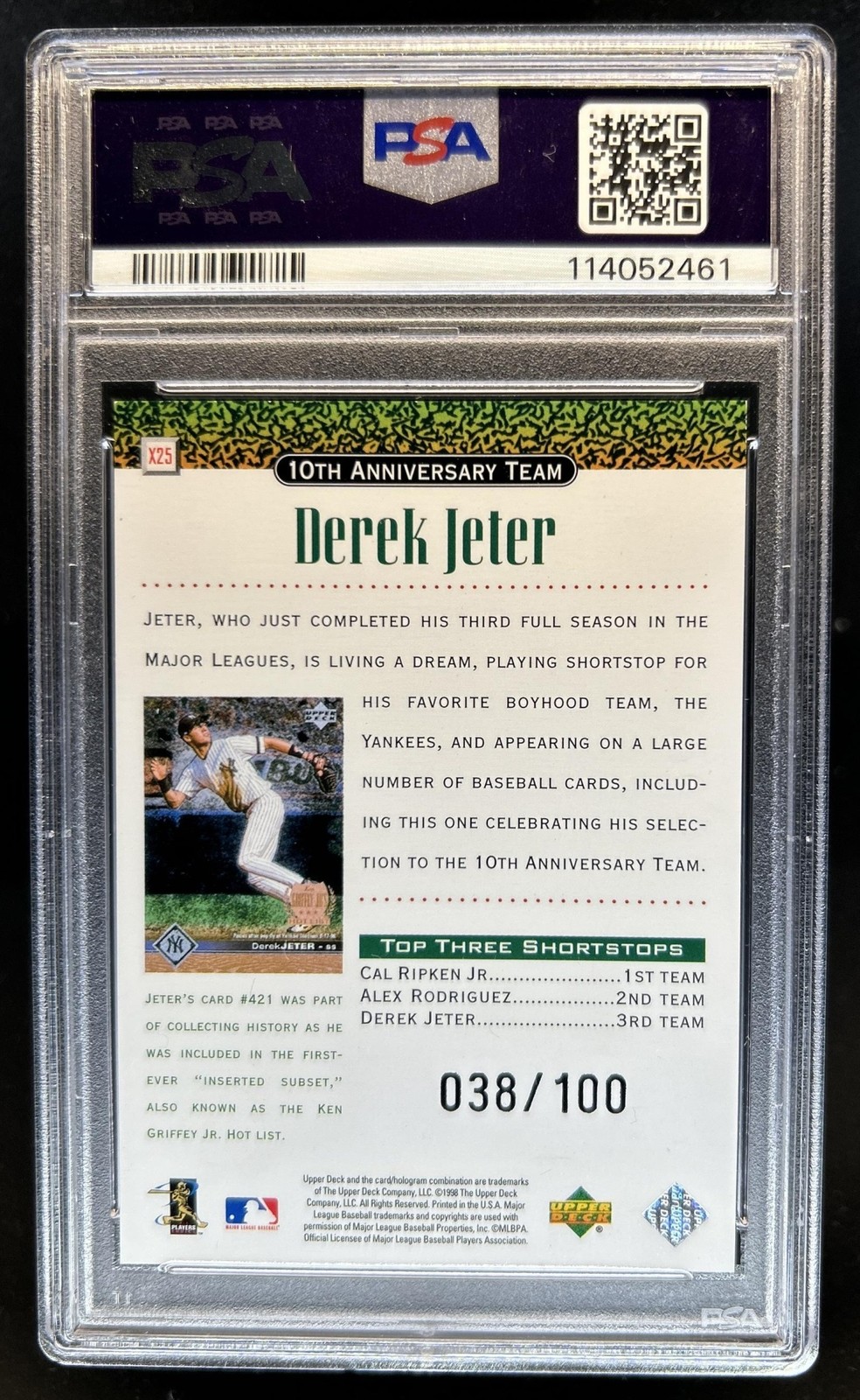 1999 Upper Deck Derek Jeter 10th Anniversary Team Triple #/100 Yankees PSA 7.5 view 2