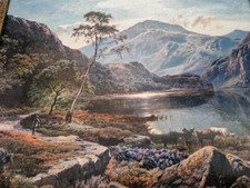 Olio stile oleografia di scena delle Highland scozzesi con cornice in mogano e dorata