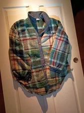 Davi Dani Sherpa Wool Button Jacket Green Red Plaid L C8