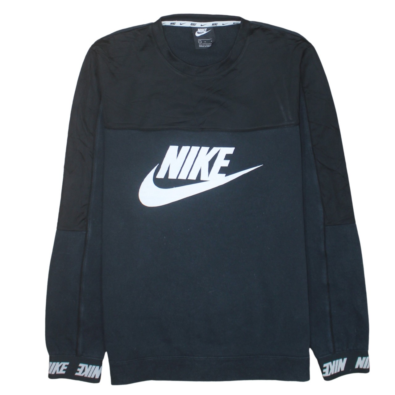 Nike Mens Sweatshirt Black Fleece Crewneck Big Swoosh Logo Cuff Branding L XL