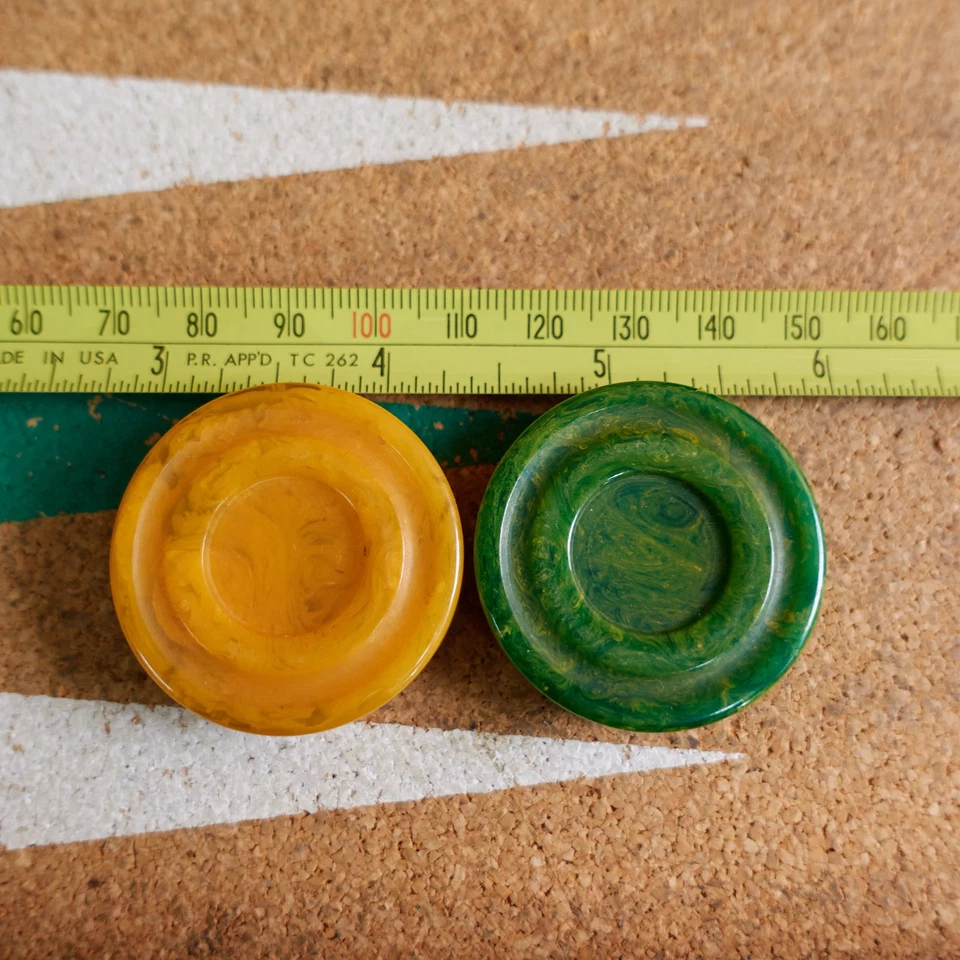 Vintage Crisloid Backgammon 1.5" Bakelite Butterscotch Emerald Swirl Complete - Image 3 of 4