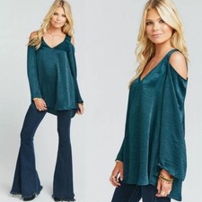 Show Me Your MuMu Women's Cold Shoulder Tunic Emerald Satin Bell Sleeve Top XS