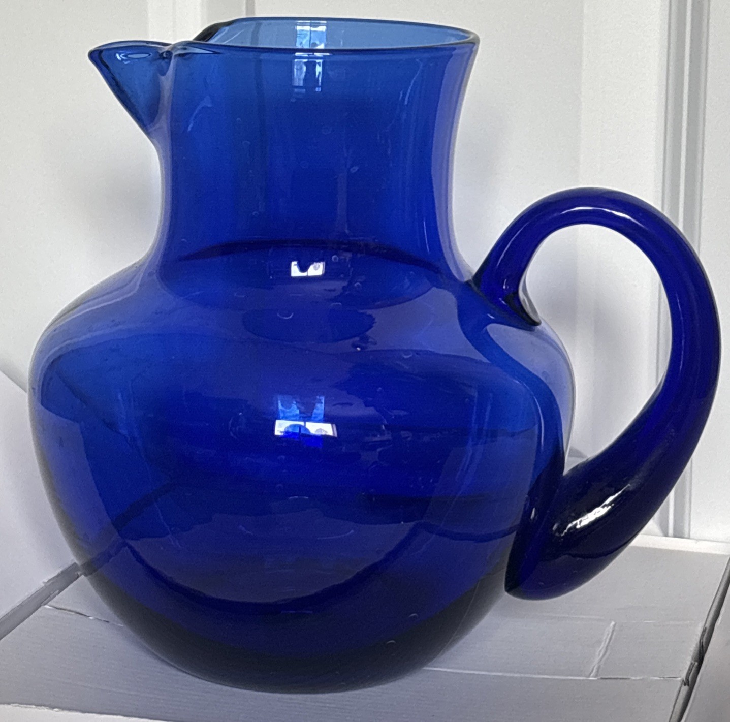 Cobalt Blue Hand Blown Glass Pitcher With Handle