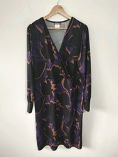 Kim&Co Women Midi Dress Size XL 16 18 Black Purple Floral Long Sleeve Wrap Vneck