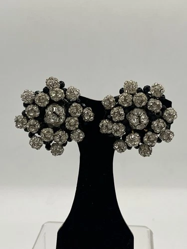 Vintage Rhinestone & Black Bead Large Clip On Earrings  Costumes Jewelry READ