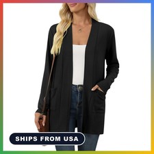 Women's Black Long Sleeve Cardigan V-Neck Lightweight Ribbed Casual Sweater