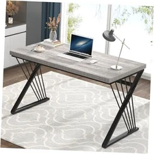  Modern Desks, Rustic Wood and Metal Computer Desk for Home 47 Inch Light Grey