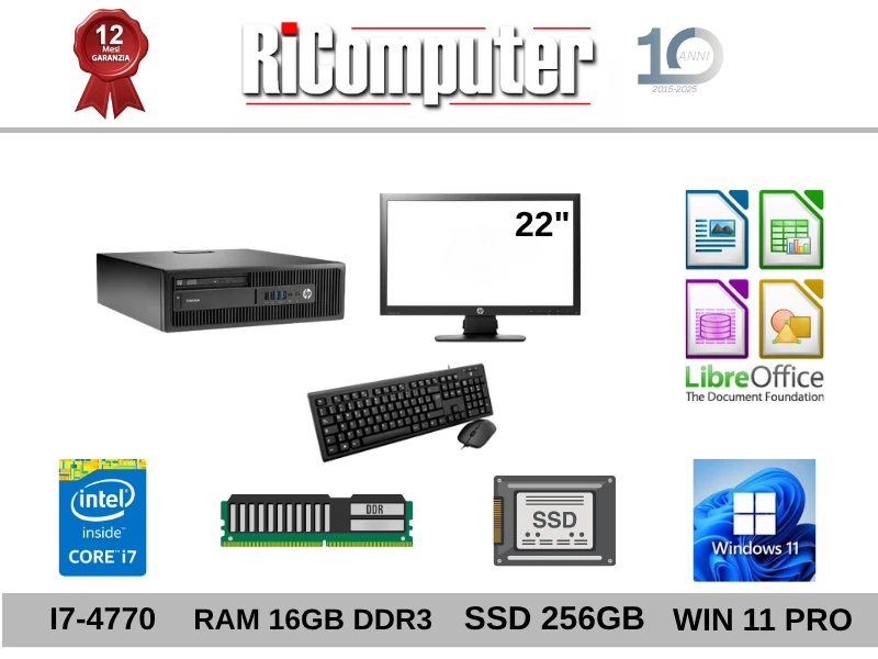 Postazione PC i7 16GB RAM SSD Monitor 22” Mouse Tastiera Win11 Ricondizionato - Immagine 2 di 2