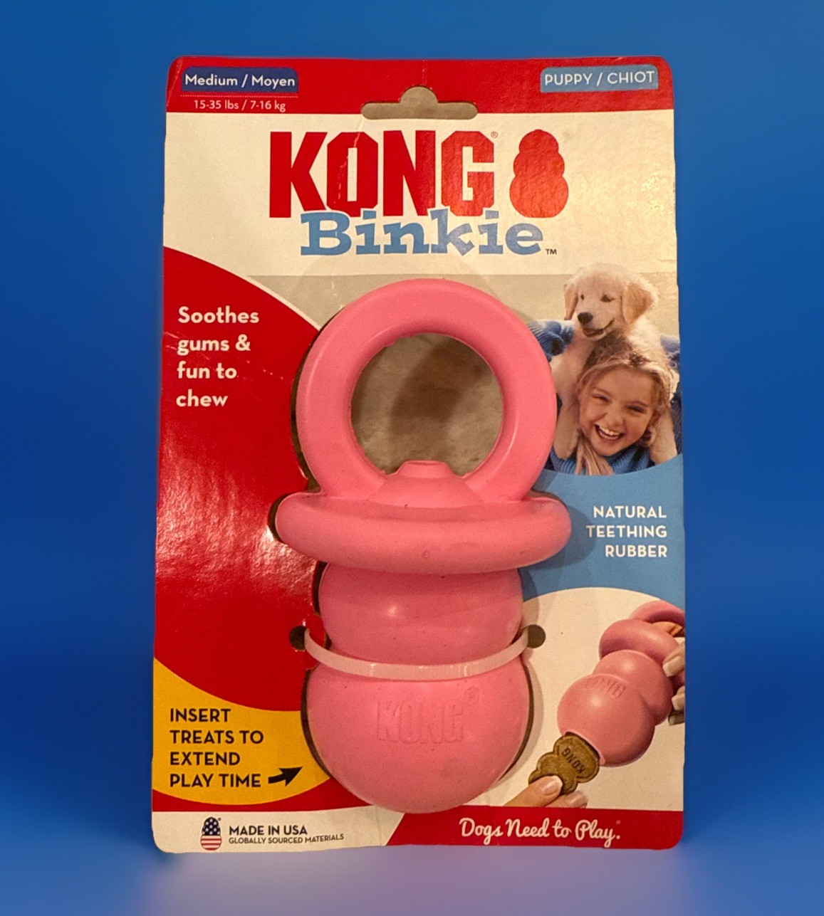 KONG Puppy Binkie - Pacifier Dog Toy for Puppies - Medium - Pink 