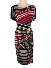 Liz Jordan Stripe Ruched Bodycon Dress Size 10 Black Red Tan Short Sleeve Midi