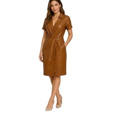 Nine West Dress Womens Size M Brown Faux Leather Wrap Short Sleeve Collar V Neck