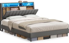 LED Bed Frame Queen Size, Storage Headboard and Charging Station, Queen