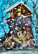 ACEO Original Winter CABIN Hill & Tree PAINTING Snow Mountain Landscape ATC ART