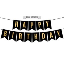 Pre-Strung Happy Birthday Banner - Black Birthday Banner with Gold Letters
