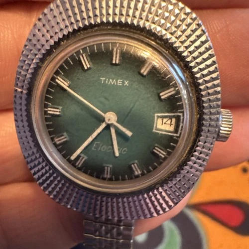 Vintage Timex Women's Electric Watch Silver Tone Ocean Blue Face working