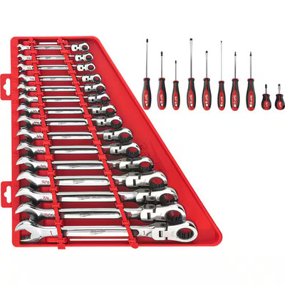 144-Position Flex-Head Ratcheting Combination Wrench Set SAE with Screwdriver Se