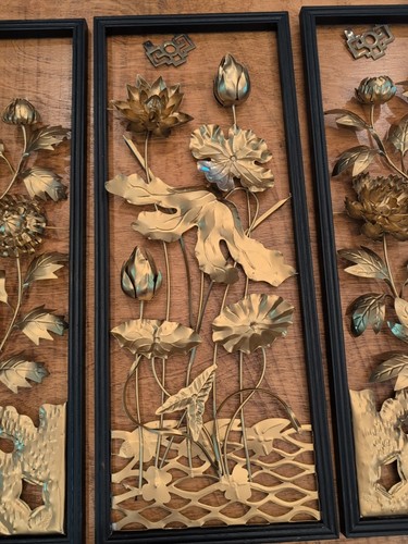 Vtg MCM 4 PCS Wall Art 3D Brass Tone Metal, Wooden Black Frame 20x8 *Read Flaws - Picture 4 of 23