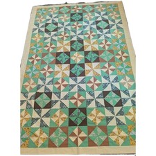 Vtg Handmade Machine stitched Quilt Patchwork Sz: 65x94" Yellow/Green PinWheel