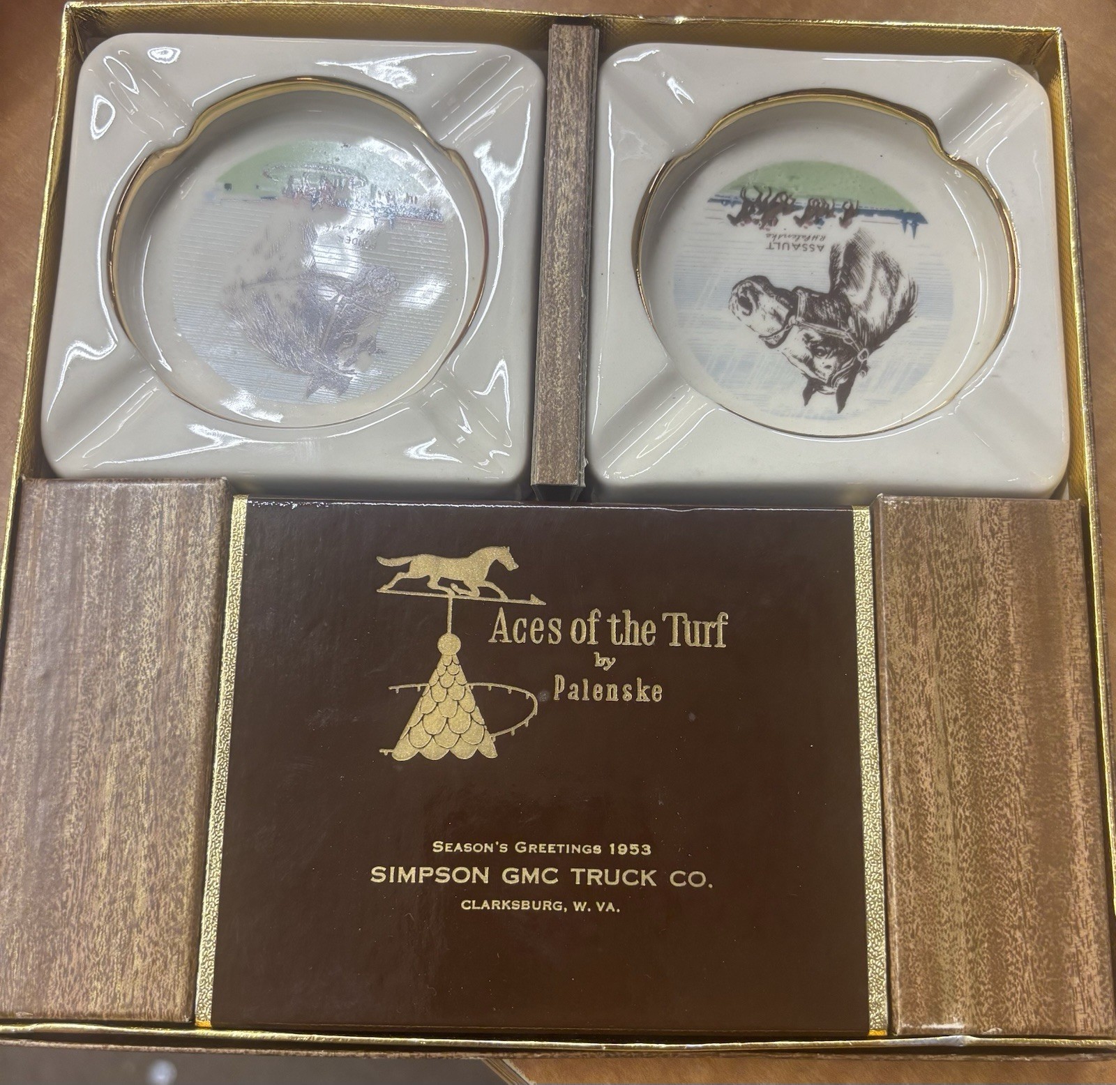 "Ponder"  "Assault" Palenske Triple Crown Ashtrays W/Playing Cards Clarksburg WV